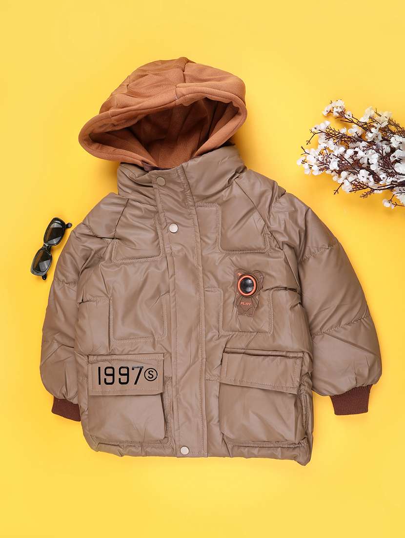 boys solid long sleeve hooded quiled acket