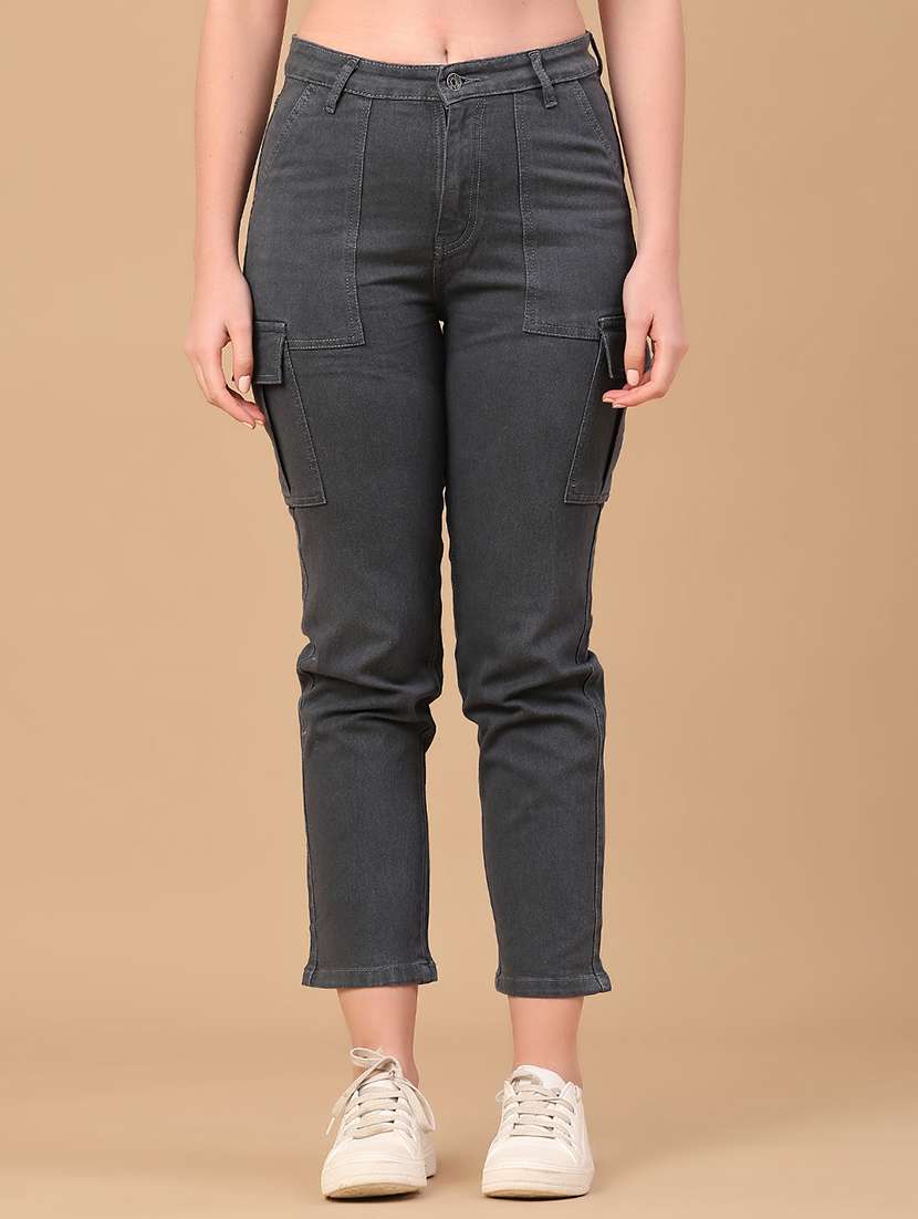 women solid mid rise denim cargo