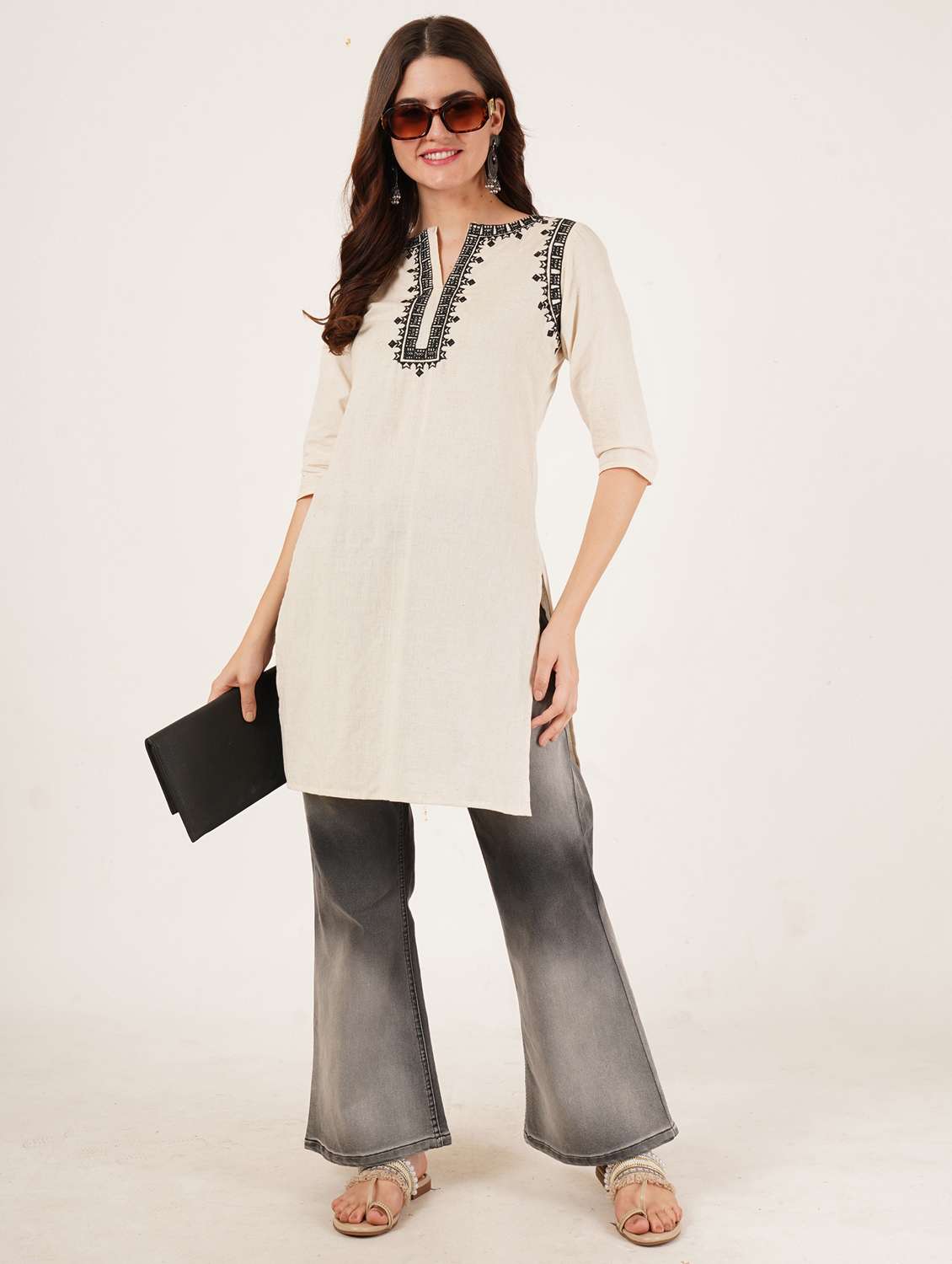 women embroidered three quarter sleeve straight kurti - 22068273 - Standard Image - 3