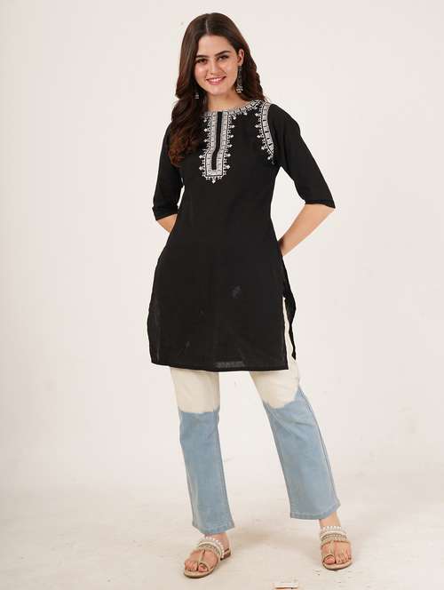 women embroidered three quarter sleeve straight kurti - 22068274 -  Standard Image - 0