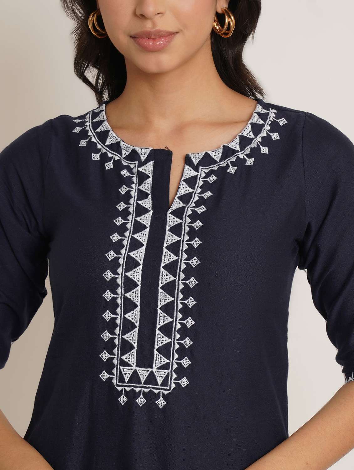 women embroidered three quarter sleeve straight kurti - 22068280 -  Standard Image - 3