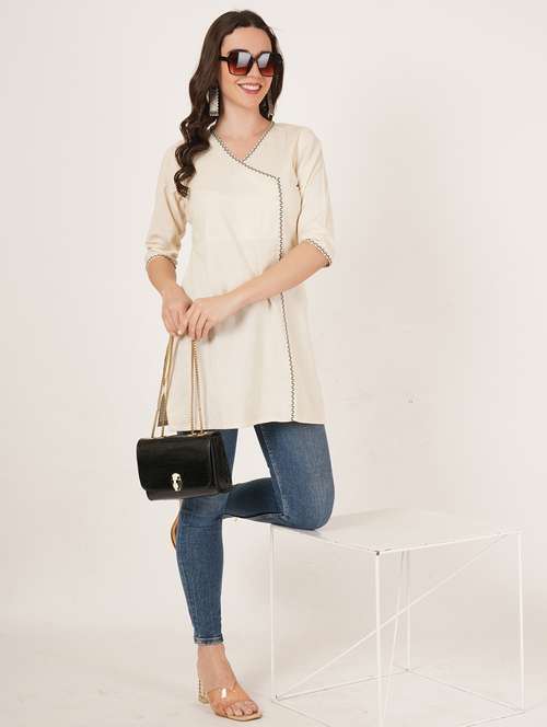 women embroidered three quarter sleeve angrakha kurti - 22068287 -  Standard Image - 0