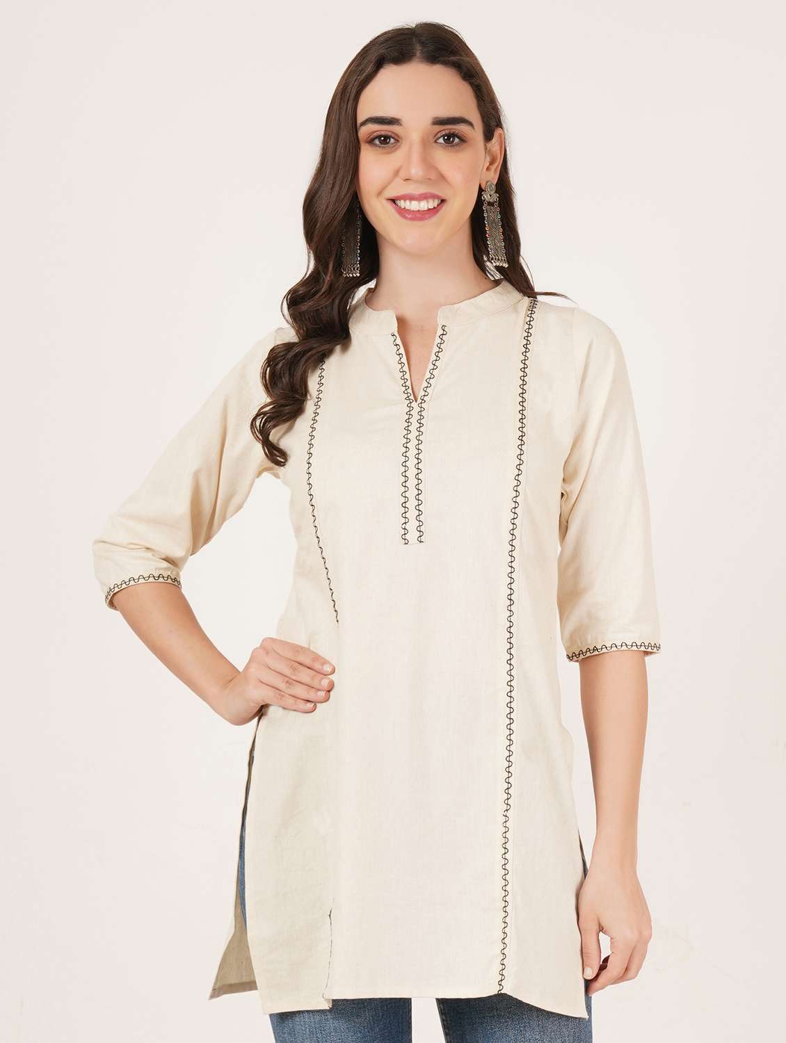 women embroidered three quarter sleeve straight kurti - 22068290 -  Zoom Image - 0