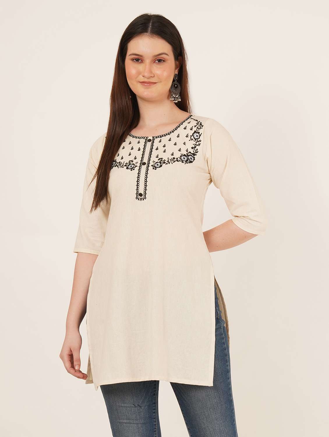 women embroidered three quarter sleeve straight kurti - 22068296 - Zoom Image - 0