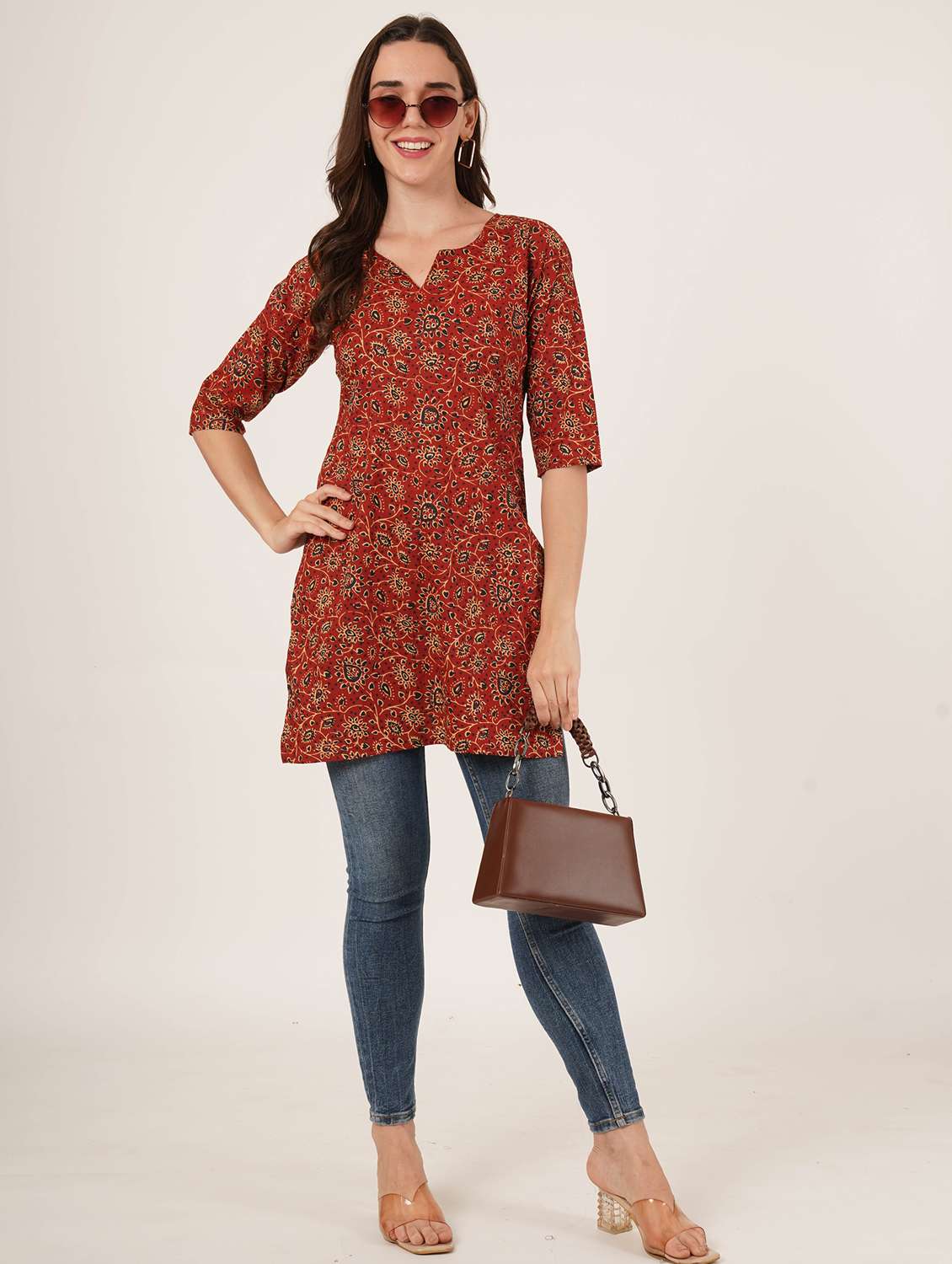 women printed three quarter sleeve straight kurti - 22068310 - Standard Image - 5