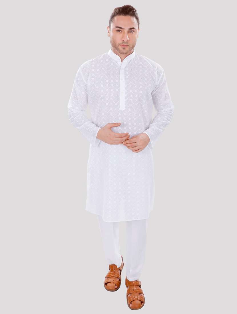men solid with work mandarin neck long kurta