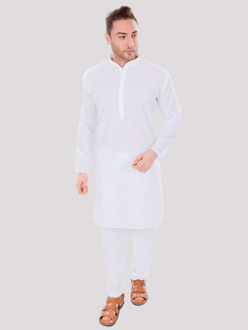 men solid with work mandarin neck long kurta
