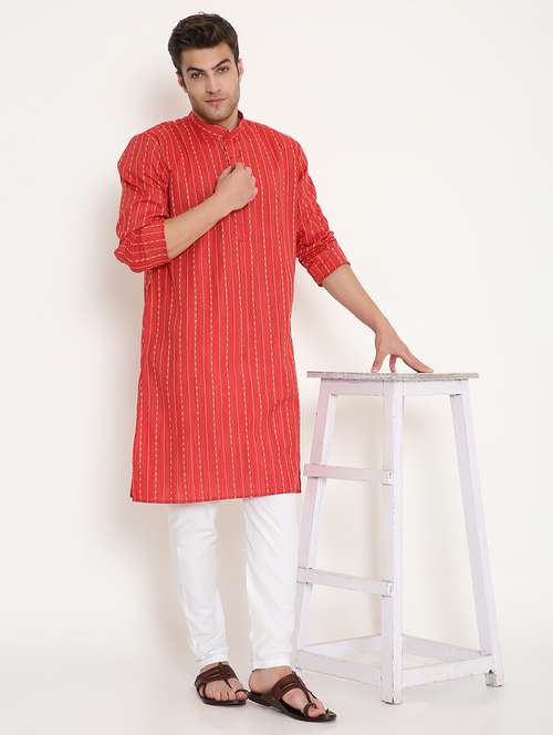 men solid with work mandarin neck long kurta - 22068400 -  Standard Image - 0