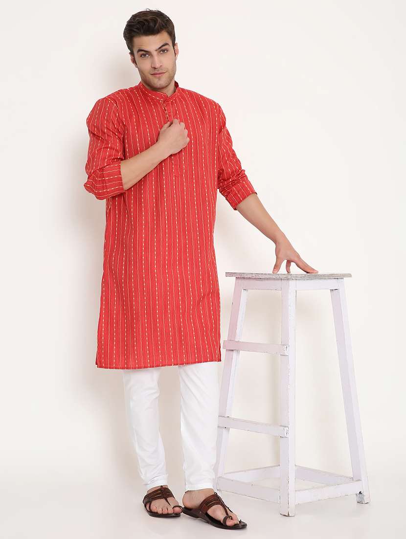 men solid with work mandarin neck long kurta