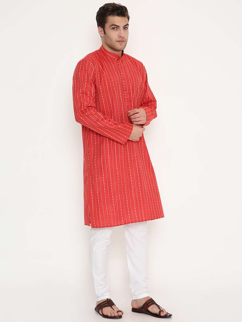 men solid with work mandarin neck long kurta - 22068400 -  Standard Image - 3