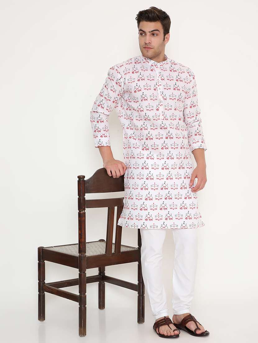 men printed mandarin neck long kurta