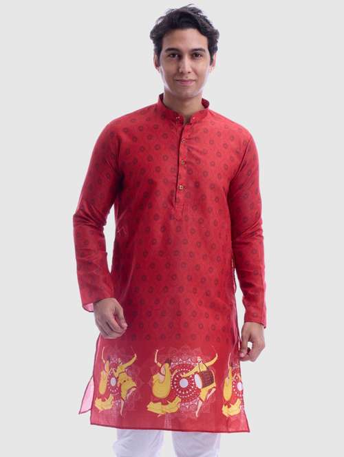men printed mandarin neck long kurta - 22068427 - Standard Image - 0