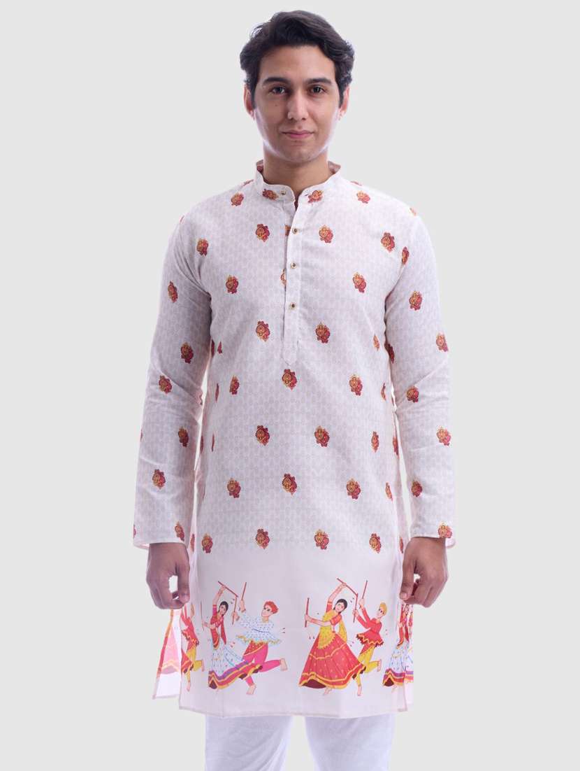 men printed mandarin neck long kurta
