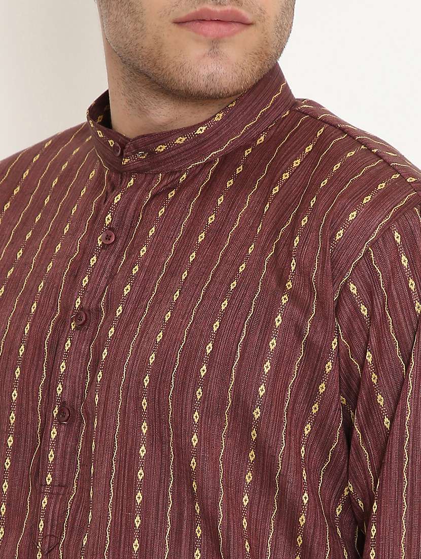 men solid with work mandarin neck long kurta - 22068450 -  Standard Image - 5
