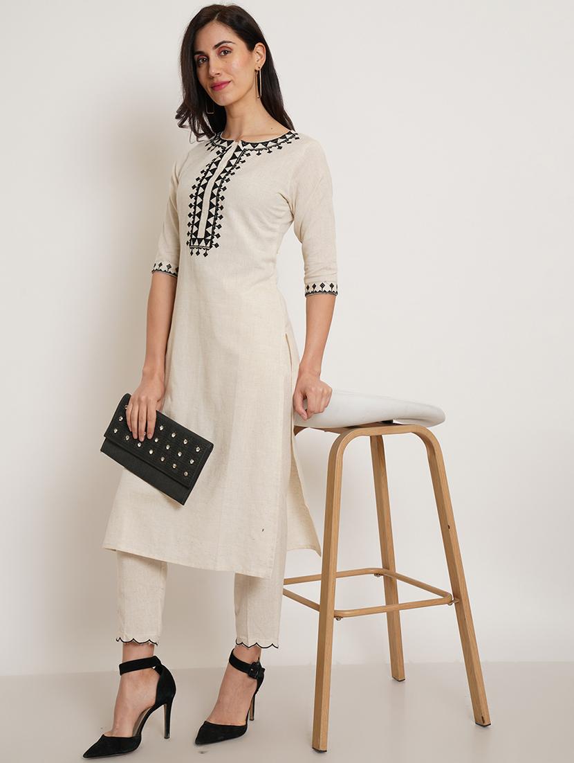 women solid with work three quarter sleeve kurta pant set - 22068455 - Zoom Image - 0