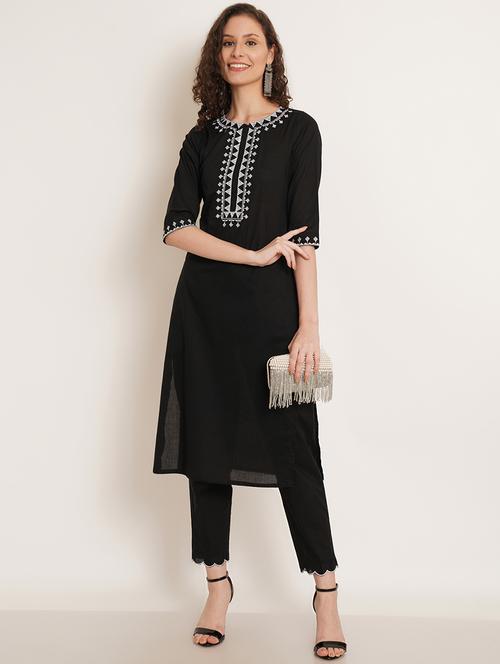 women solid with work three quarter sleeve kurta pant set - 22068456 - Standard Image - 0