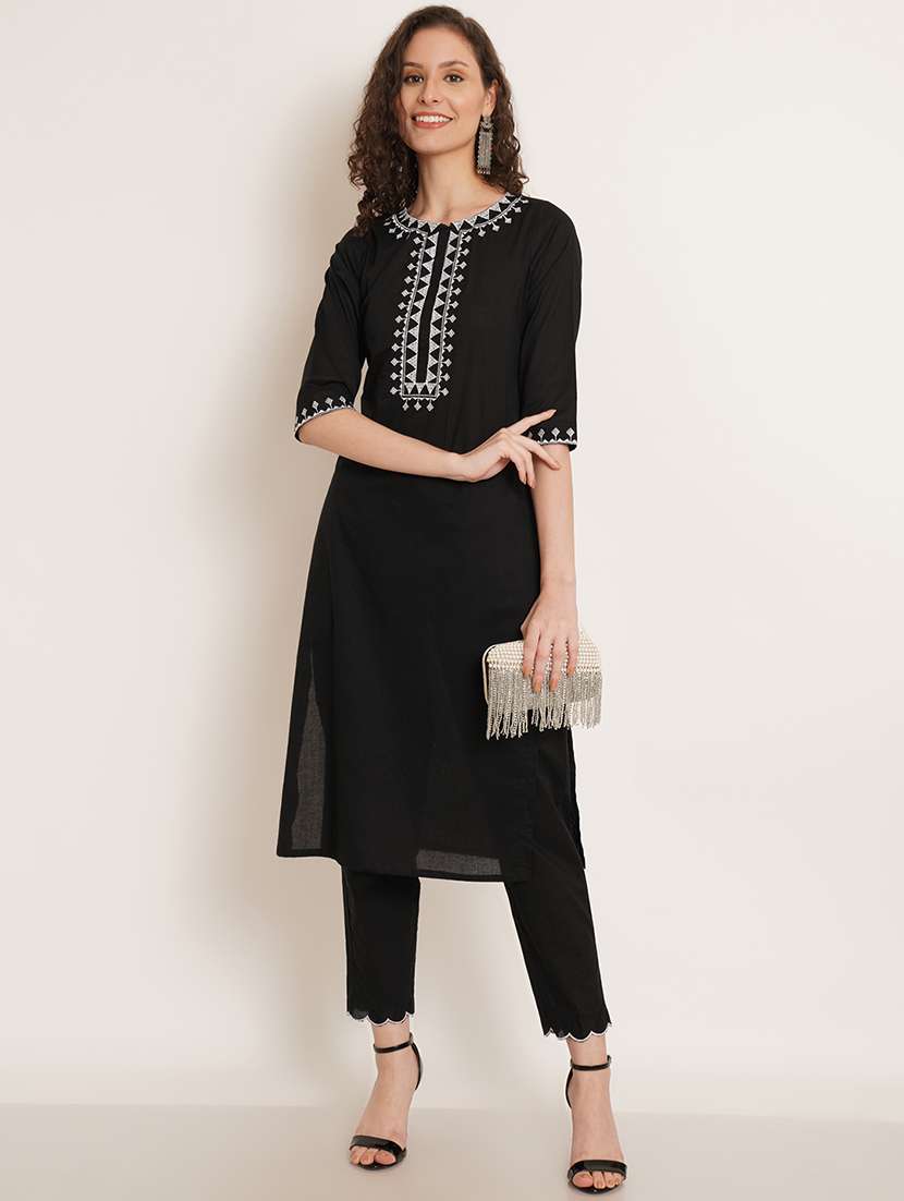 women solid with work three quarter sleeve kurta pant set - 22068456 - Zoom Image - 0