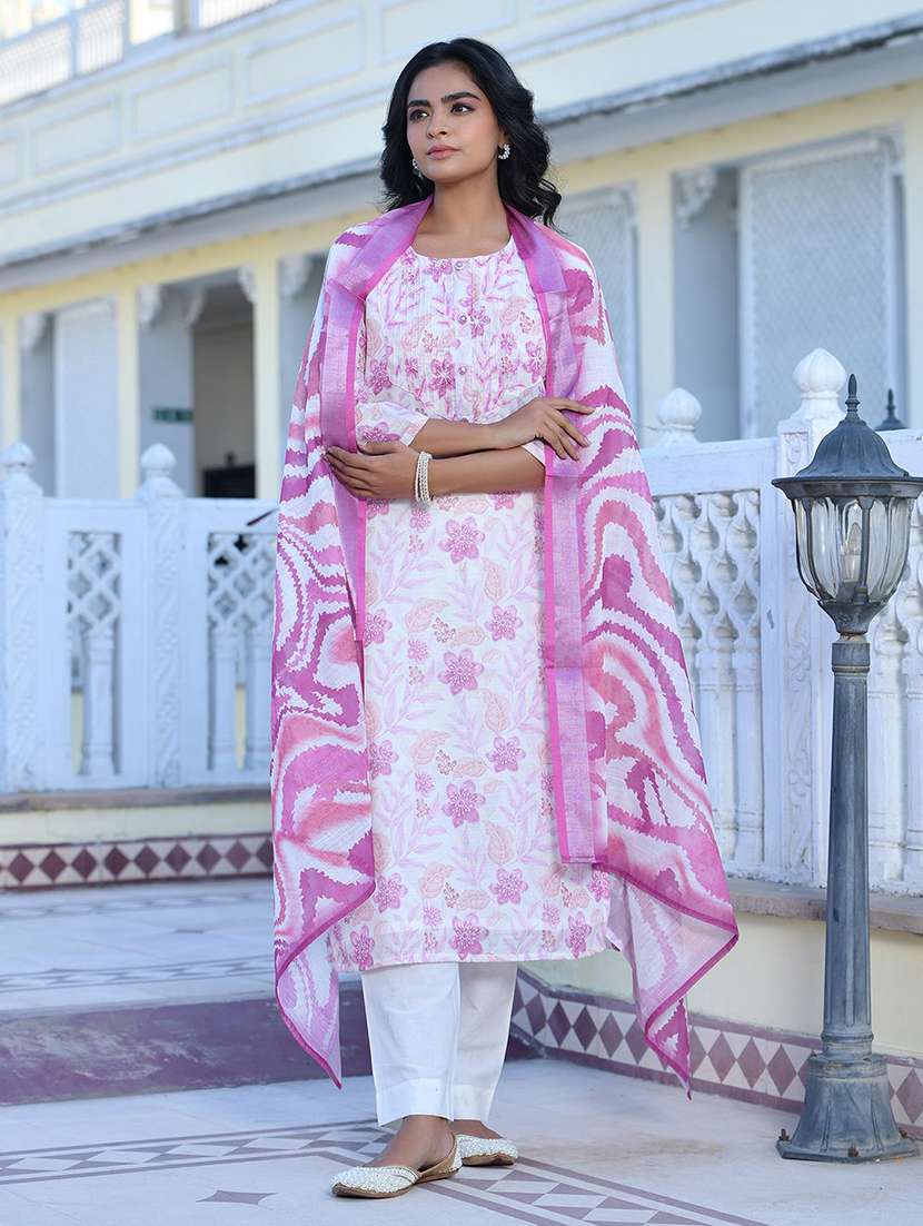 women three quarter sleeve kurta pant with dupatta set