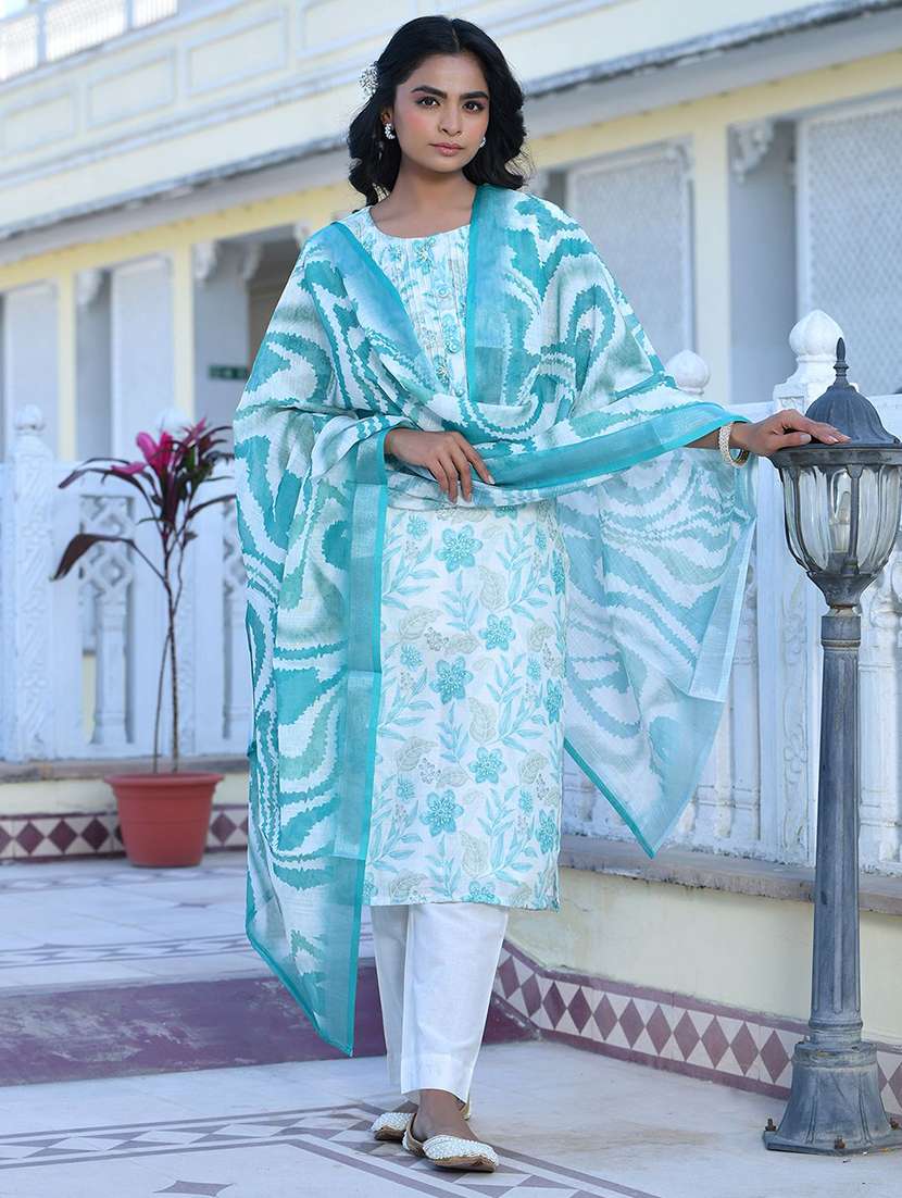 women three quarter sleeve kurta pant with dupatta set