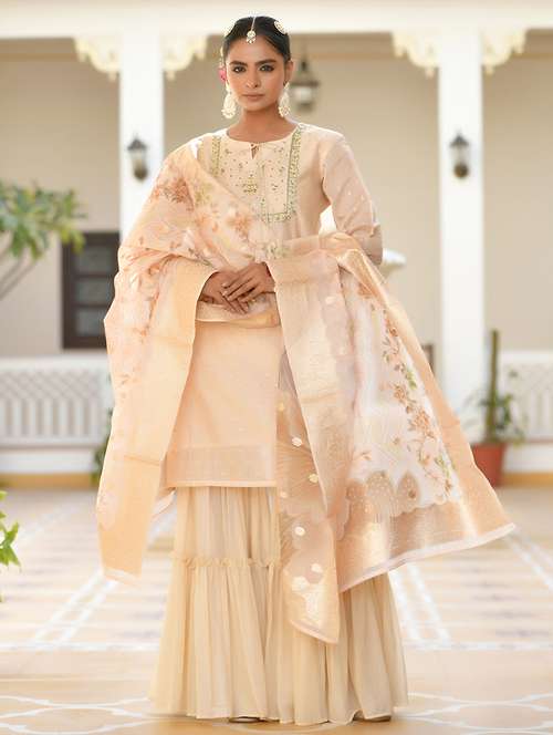 women three quarter sleeve kurta sharara with dupatta set - 22068489 -  Standard Image - 0