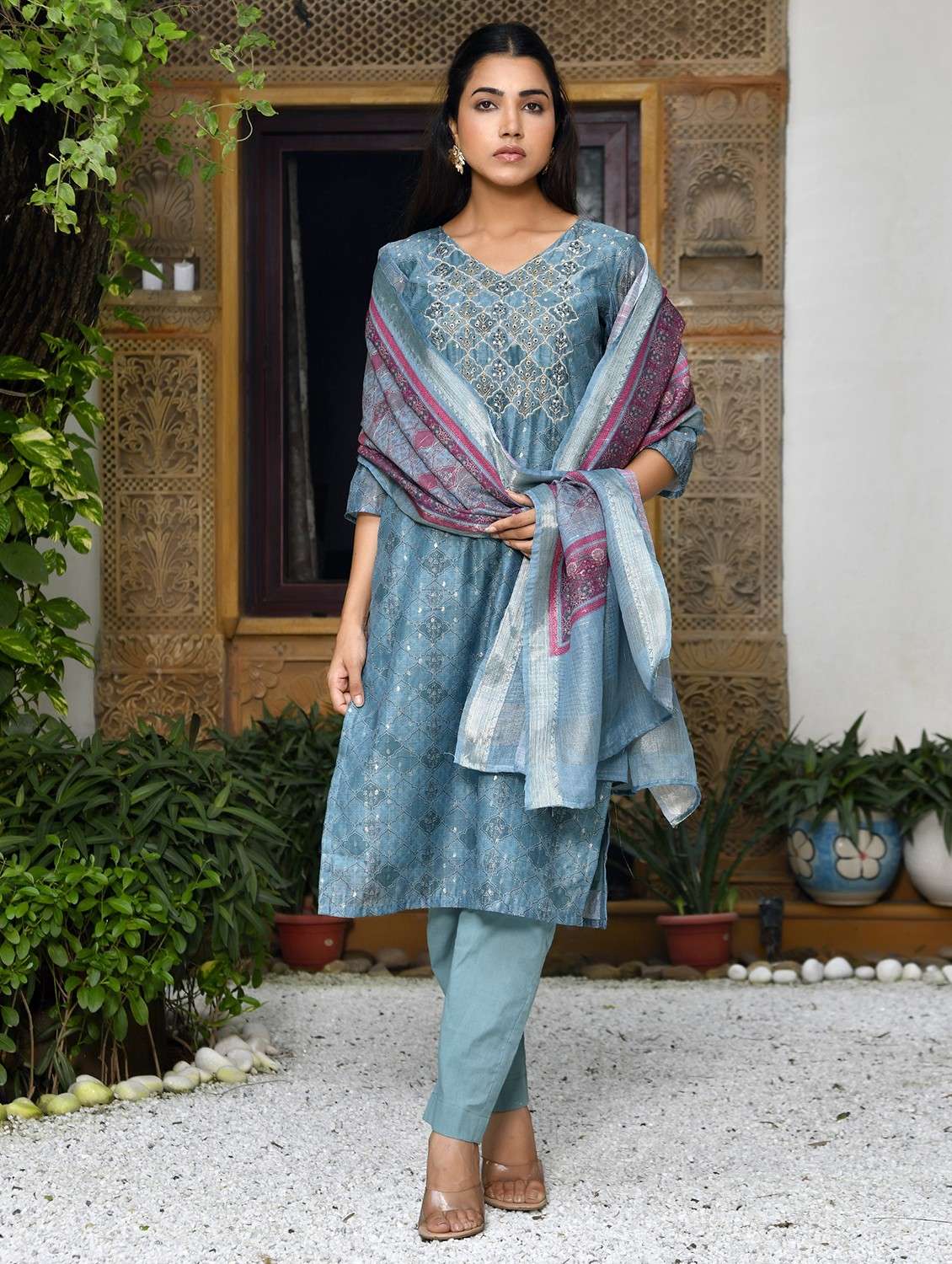 women three quarter sleeve kurta pant with dupatta set