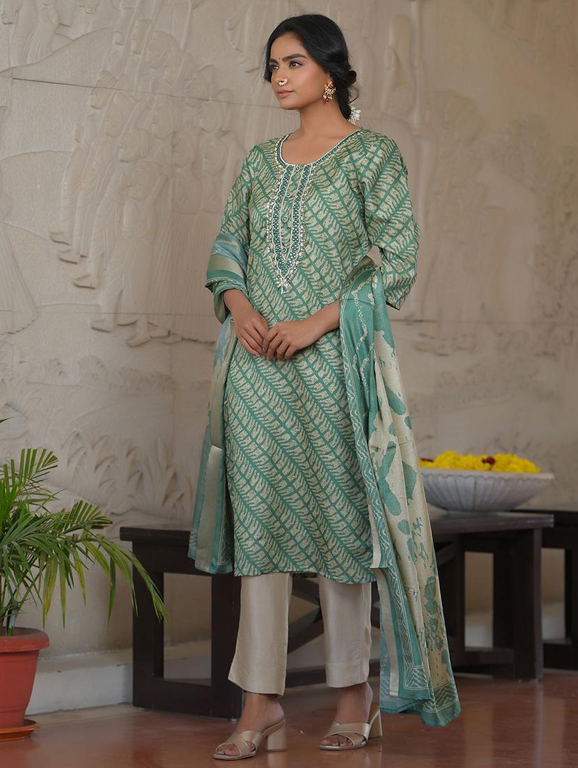 women three quarter sleeve kurta pant with dupatta set