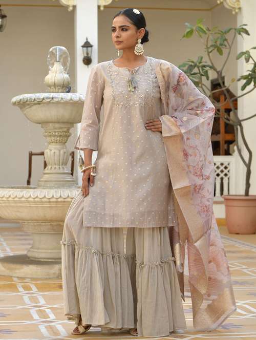 women three quarter sleeve kurta sharara with dupatta set - 22068526 -  Standard Image - 0