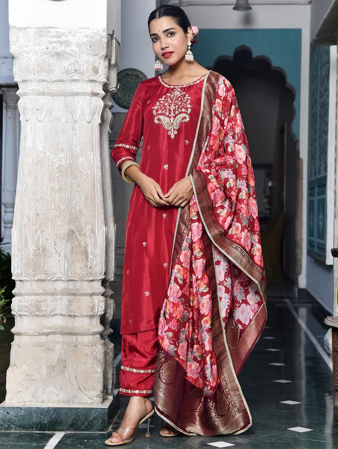 women three quarter sleeve kurta pant with dupatta set - 22068535 - Zoom Image - 0