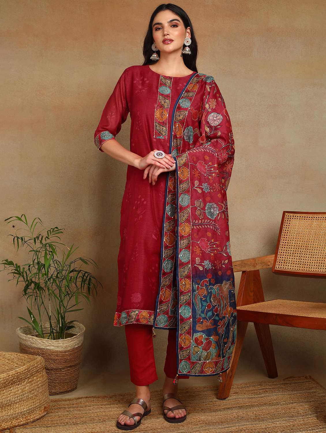 women three quarter sleeve kurta pant with dupatta set