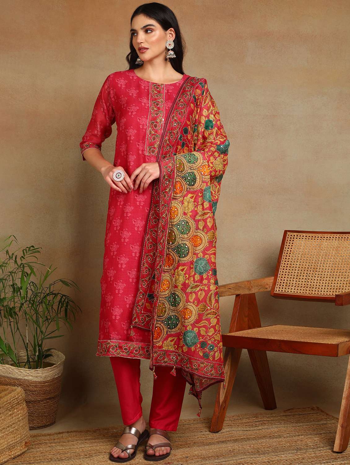 women three quarter sleeve kurta pant with dupatta set - 22068566 -  Zoom Image - 0