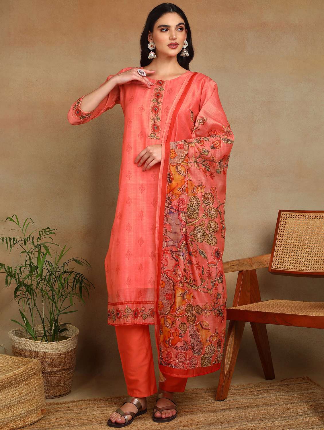 women three quarter sleeve kurta pant with dupatta set