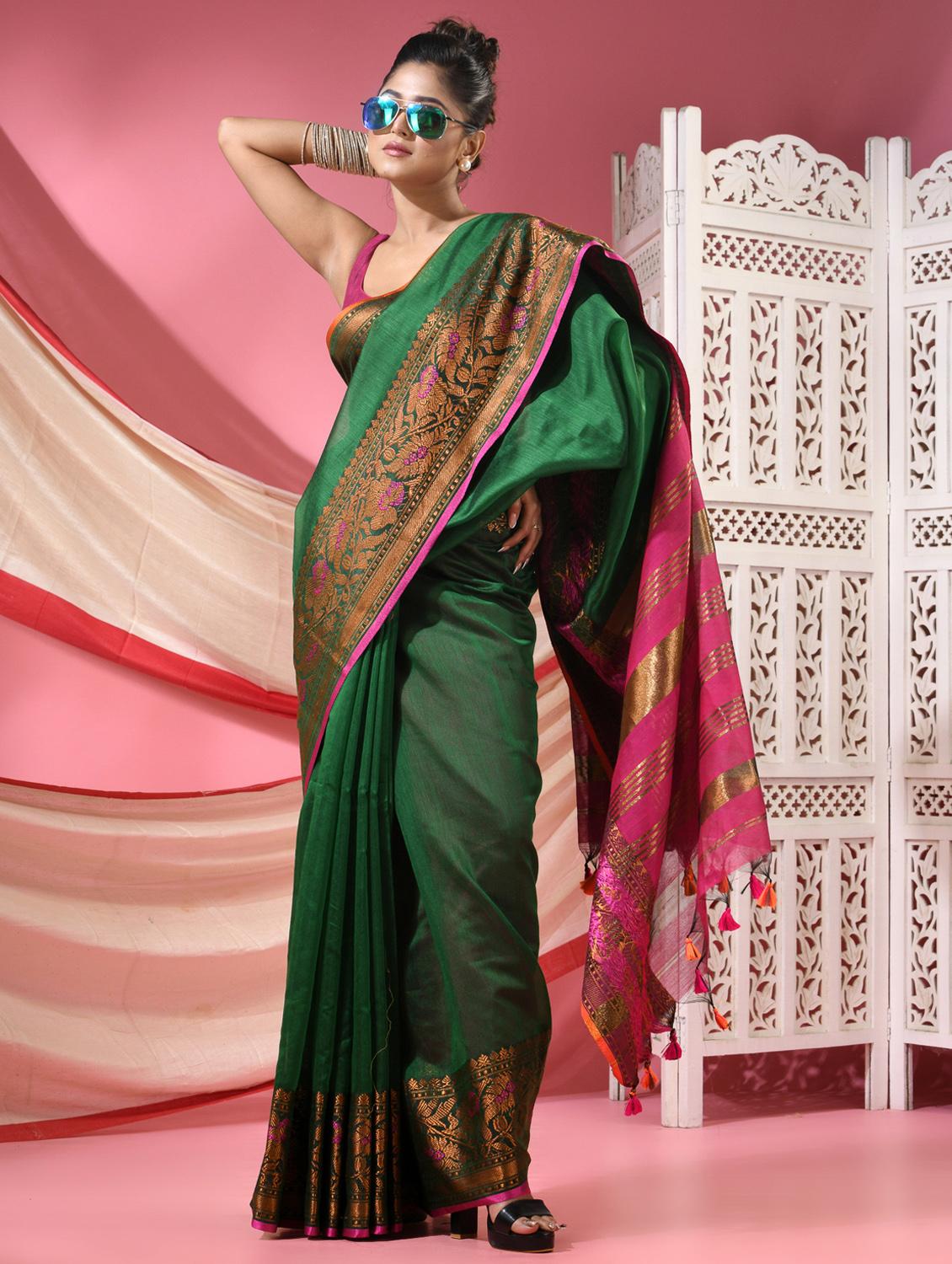 women solid with bordered handloom saree with blouse