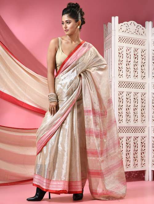 women solid with bordered handloom saree with blouse - 22068624 - Standard Image - 0