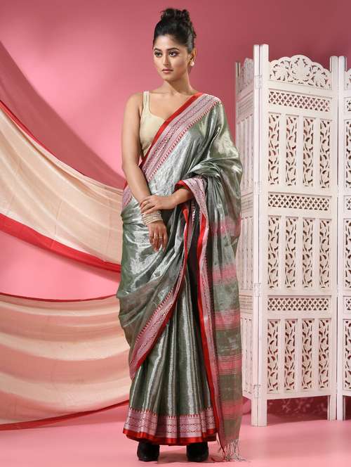 women solid with bordered handloom saree with blouse - 22068626 -  Standard Image - 0