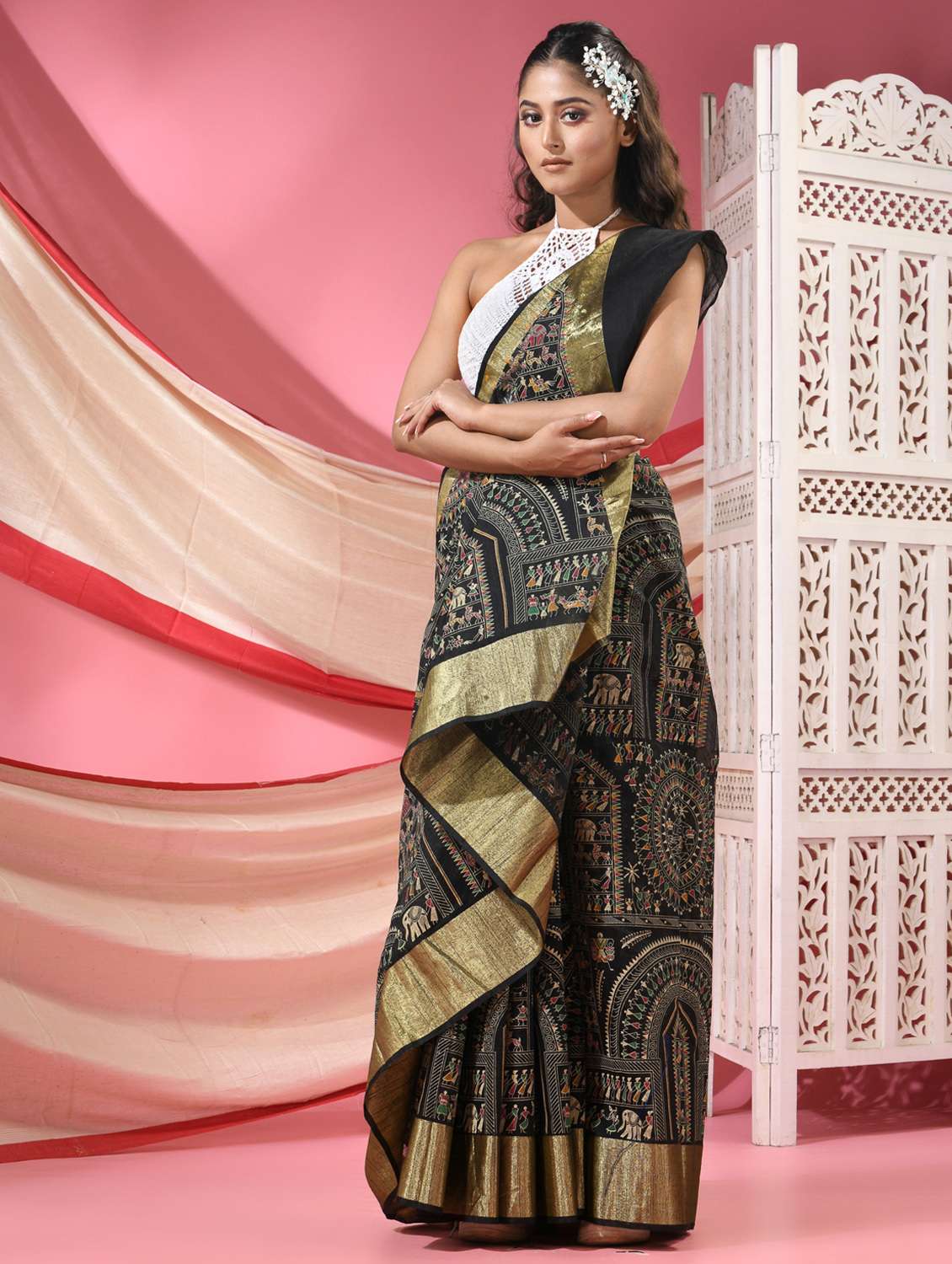 women warli printed handloom saree with blouse