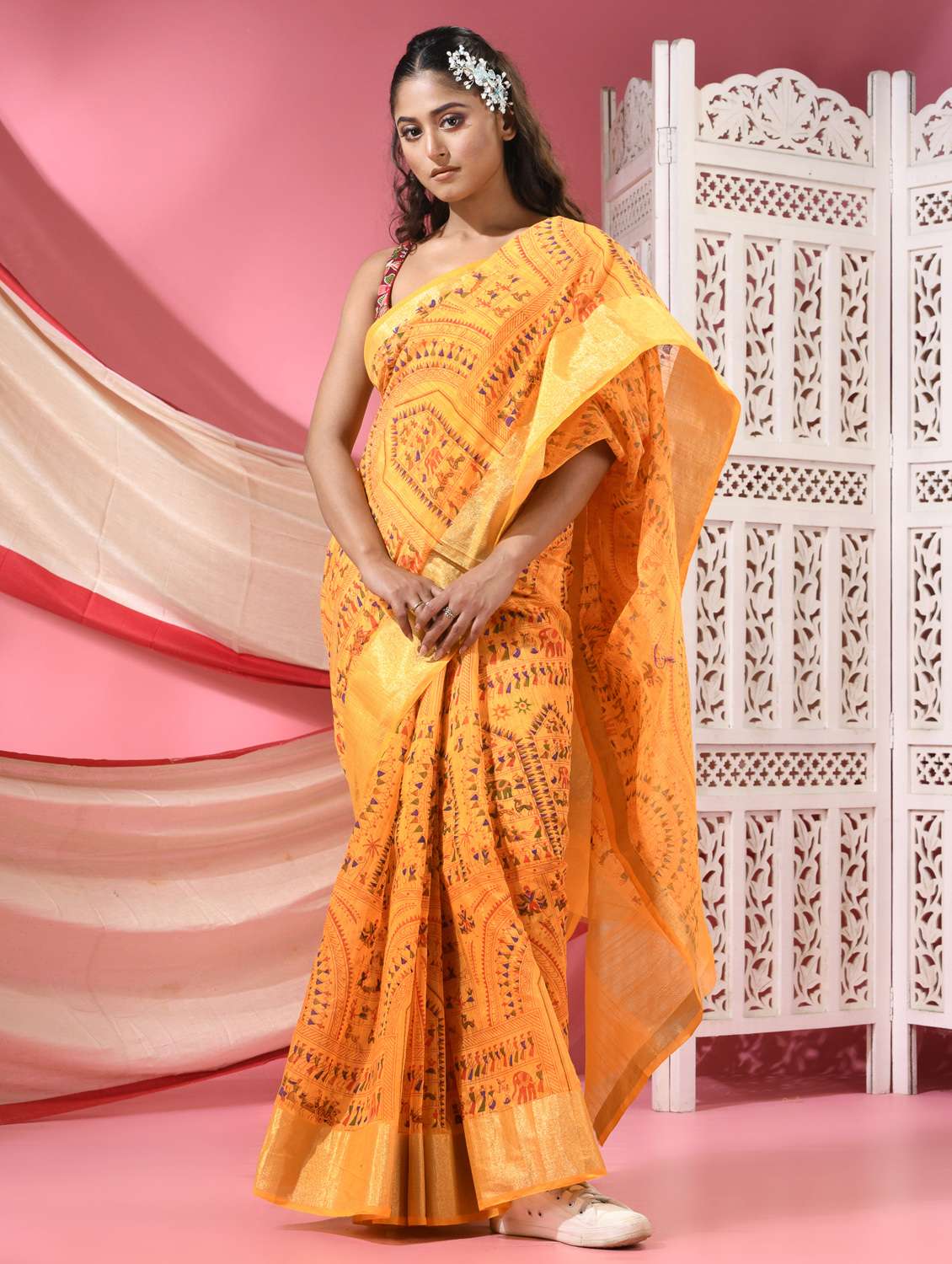 women warli printed handloom saree with blouse