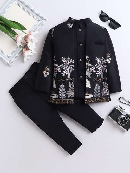 boys black embroidered sherwani set - 22068763 -  Standard Image - 0