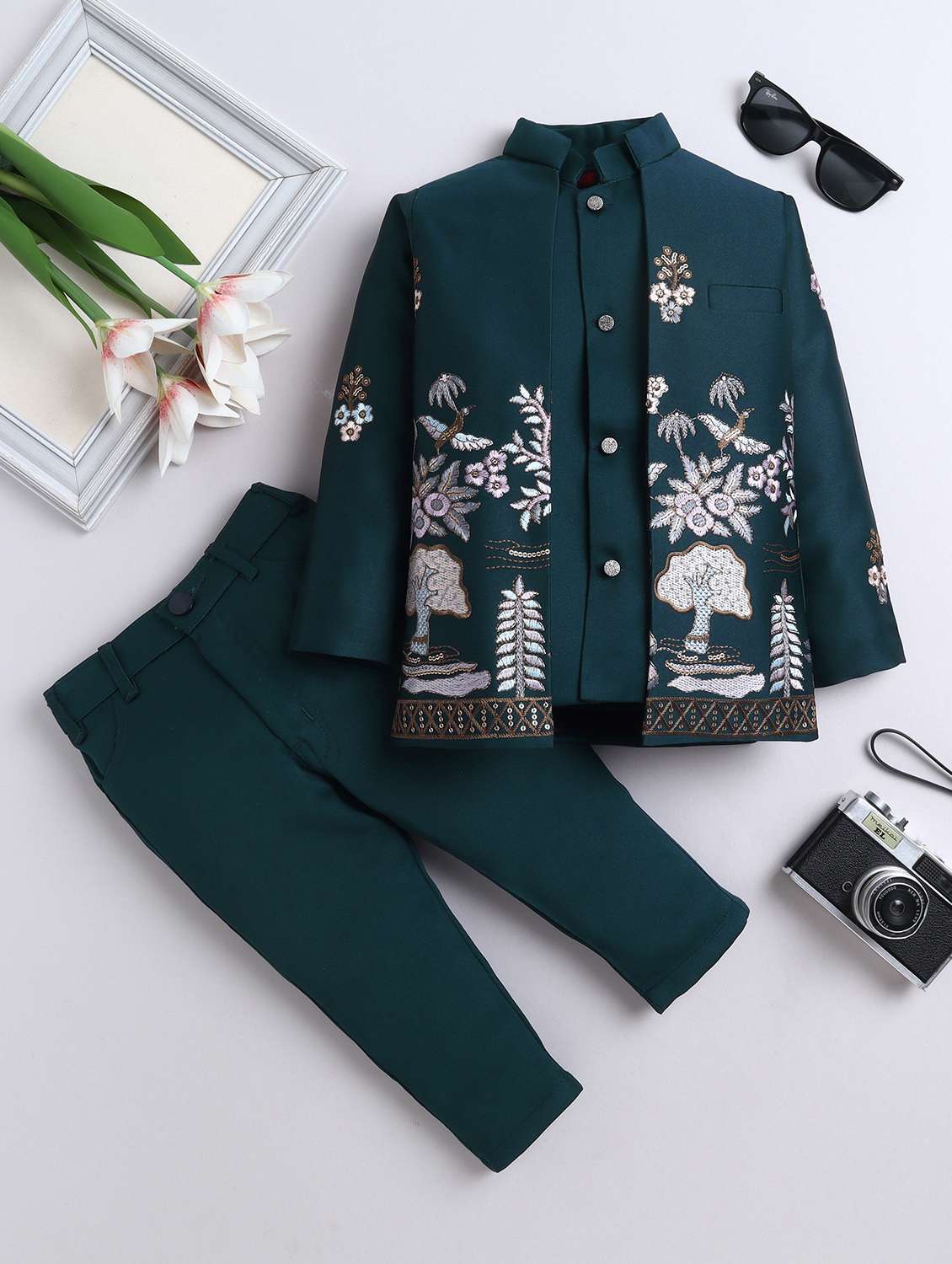 boys green embroidered sherwani set