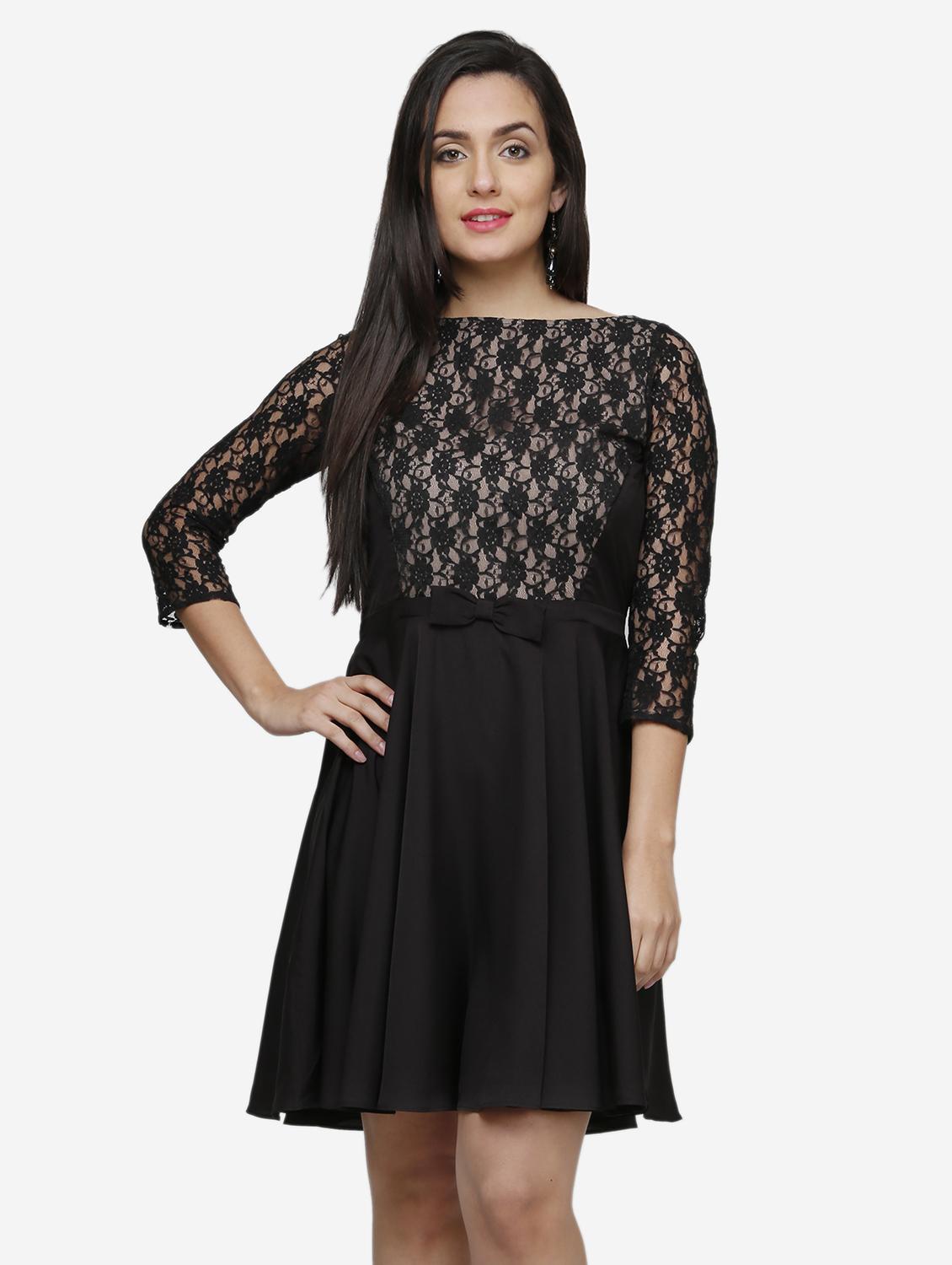 women solid boat neck lace fit & flared dress