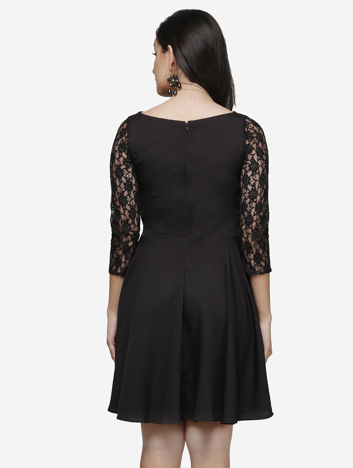 women solid boat neck lace fit & flared dress - 22068791 - Standard Image - 3