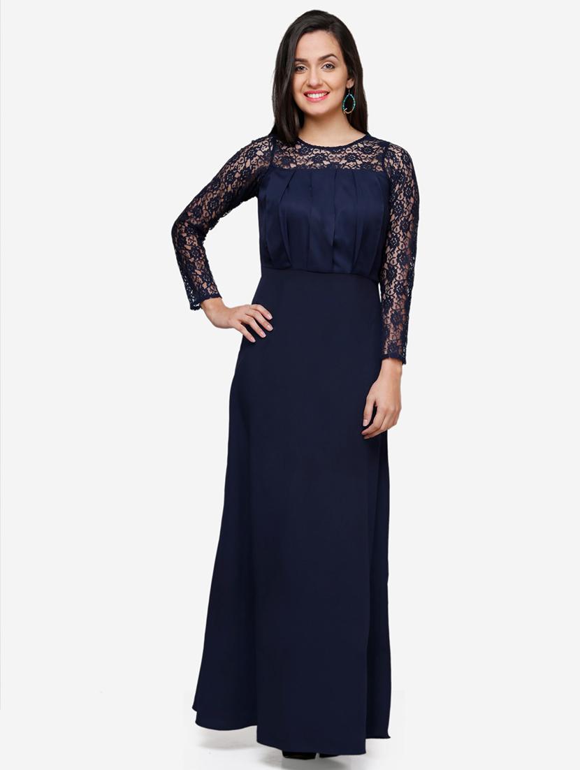 women solid long sleeve lace fit & flared dress - 22068793 -  Zoom Image - 0