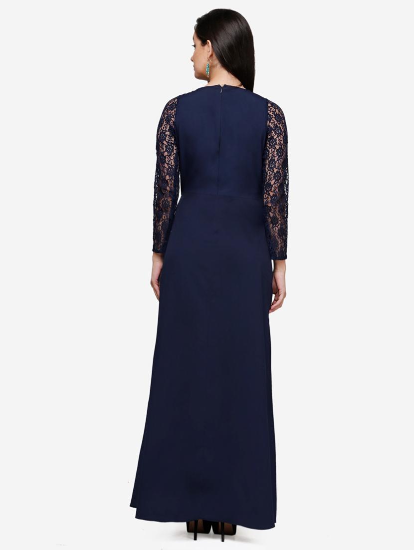 women solid long sleeve lace fit & flared dress - 22068793 - Standard Image - 3