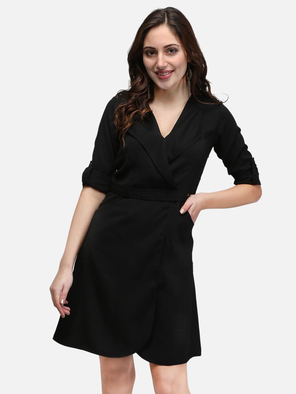 women black solid roll up sleeve wrap dress - 22068796 - Zoom Image - 0
