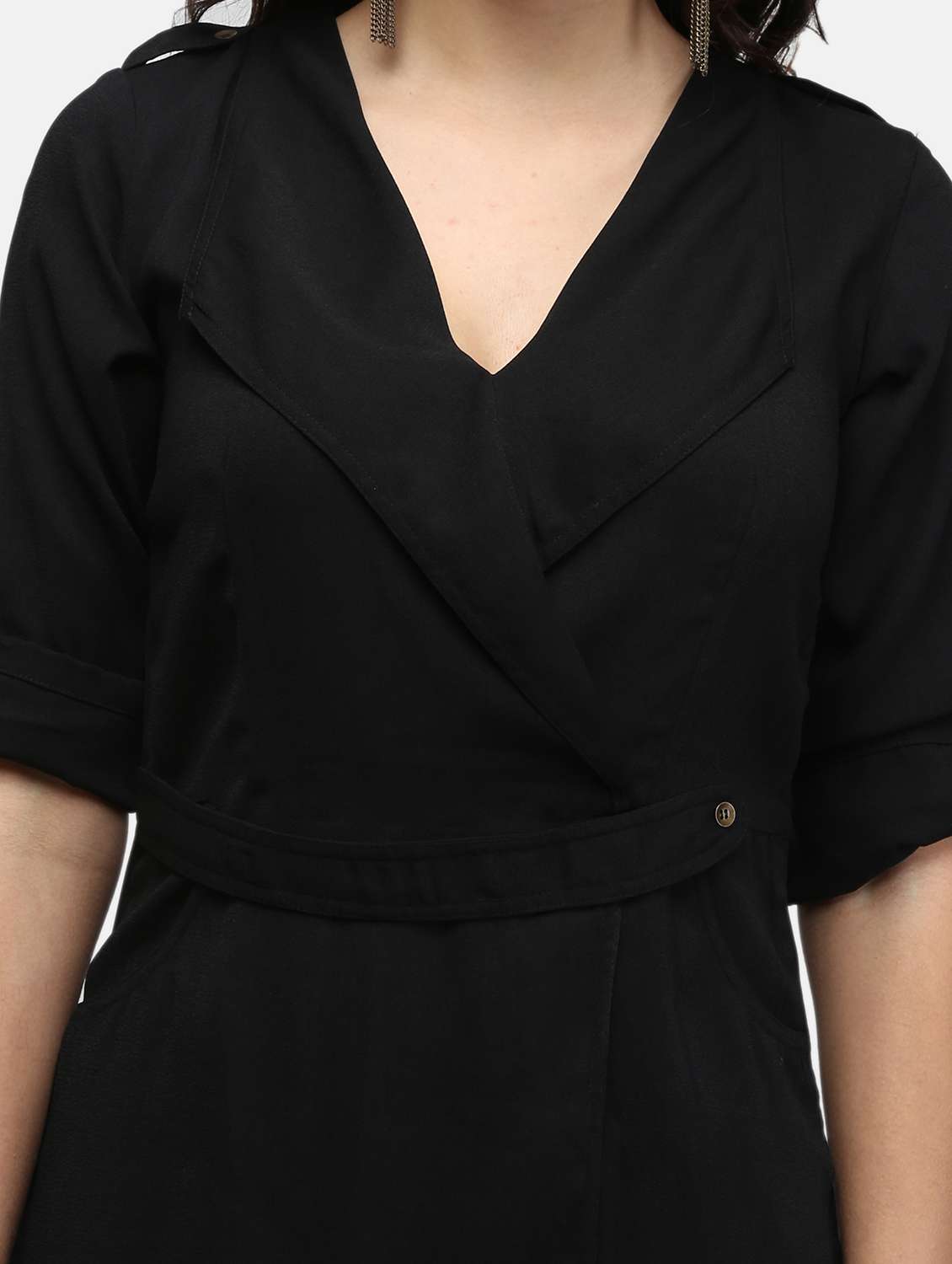 women black solid roll up sleeve wrap dress - 22068796 - Standard Image - 5