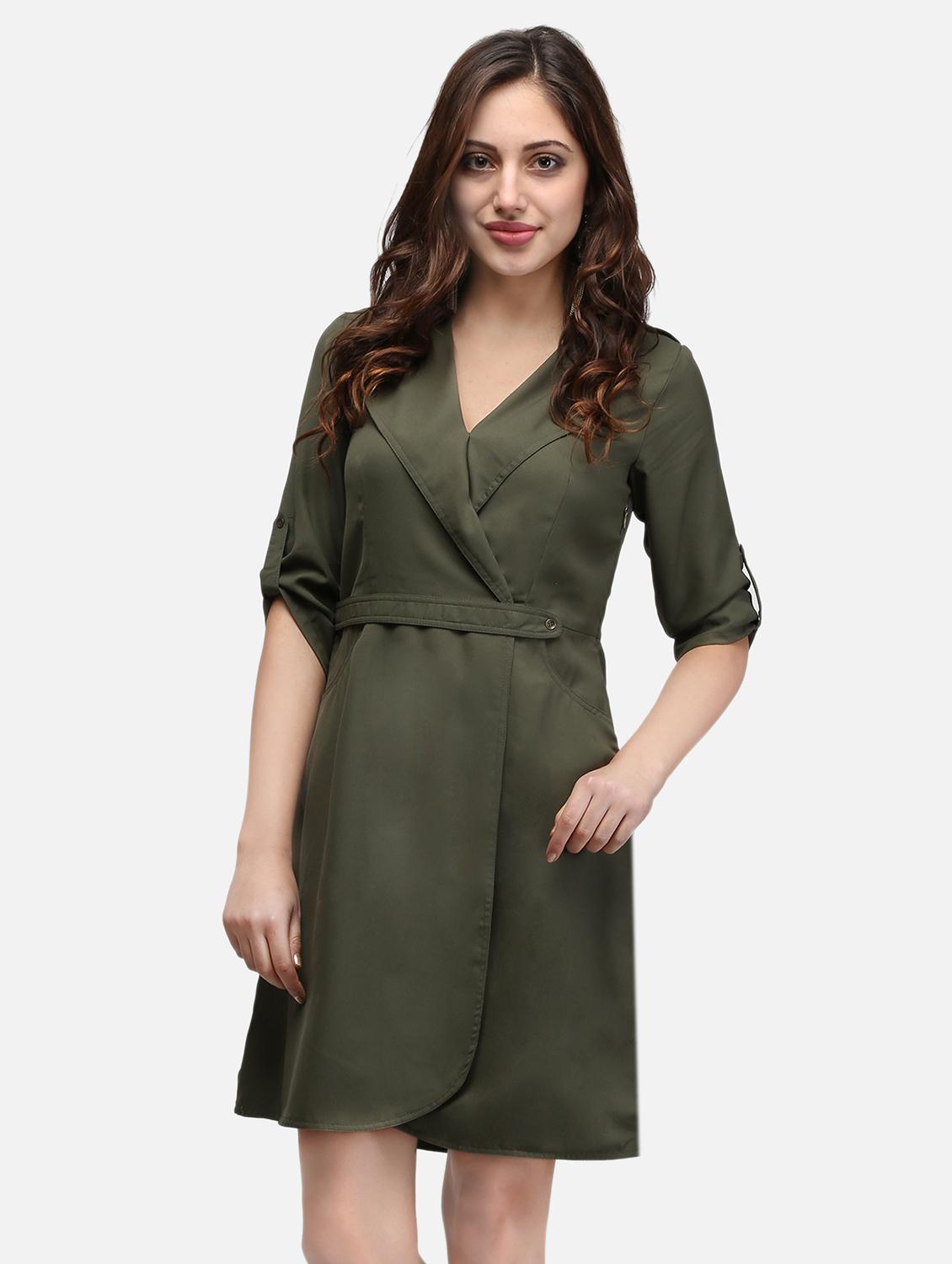 women olive solid roll up sleeve wrap dress