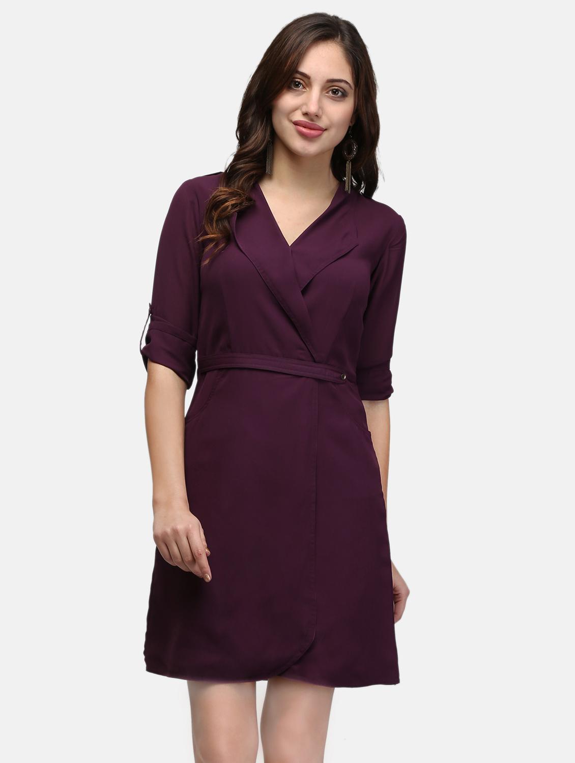 women black solid roll up sleeve wrap dress