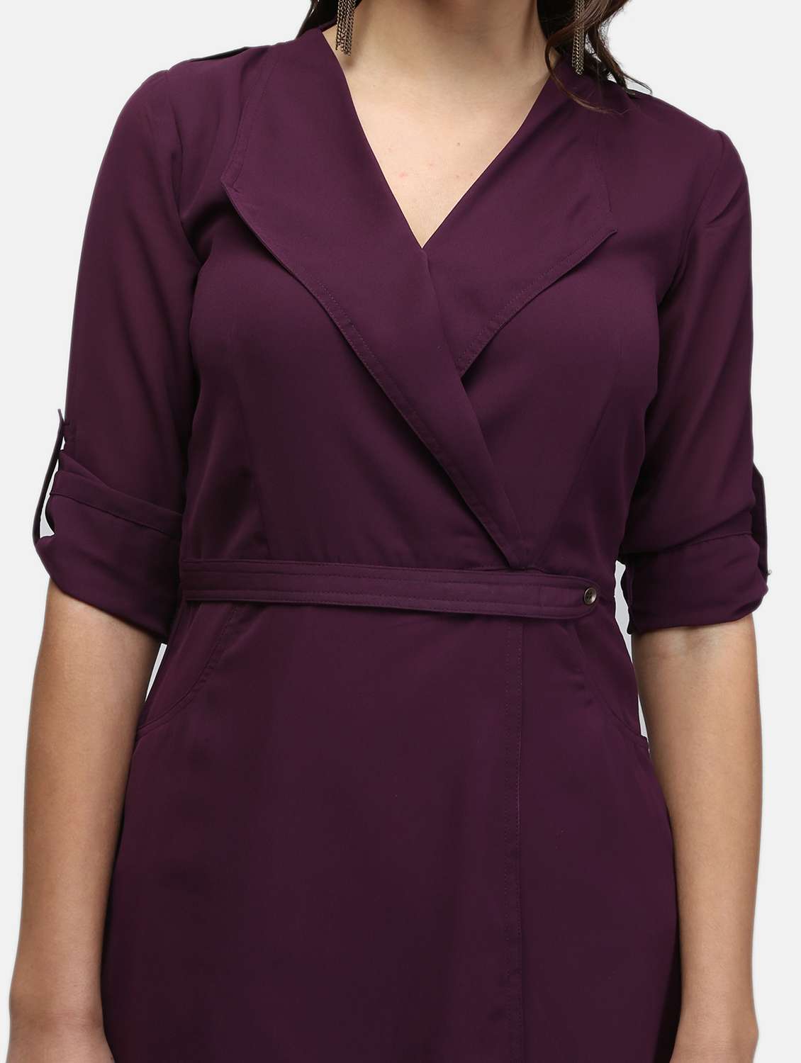 women black solid roll up sleeve wrap dress - 22068798 - Standard Image - 5
