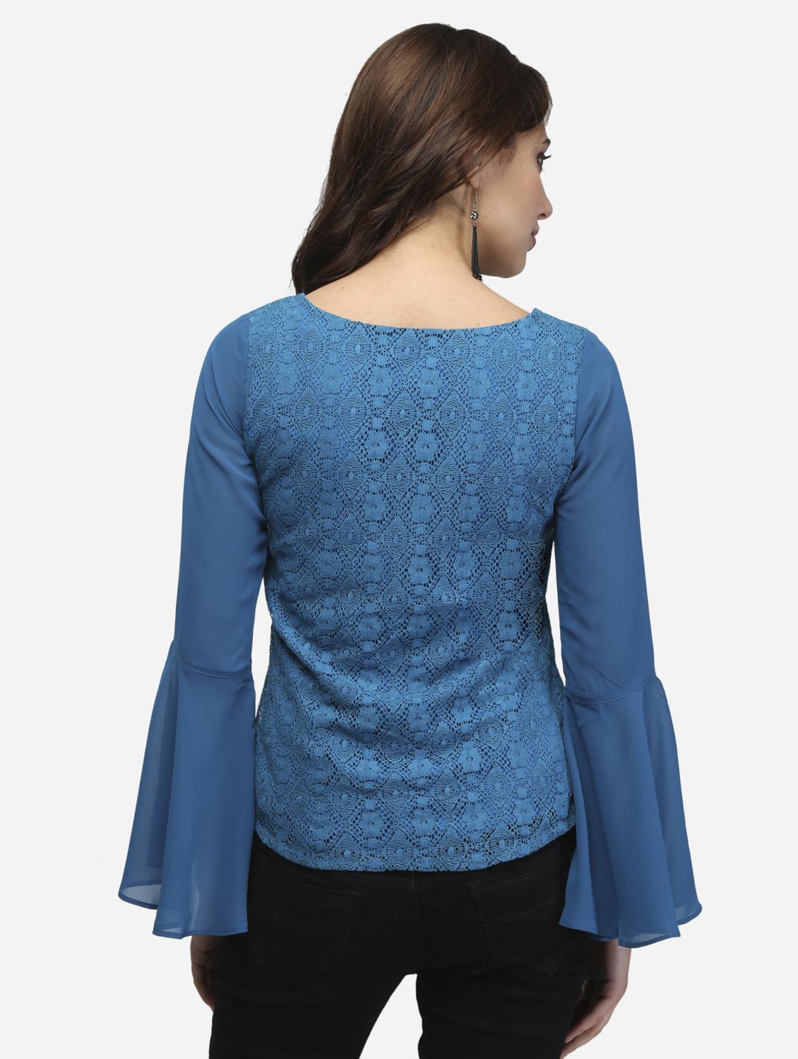 women blue solid bell sleeve lace top - 22068804 - Standard Image - 3