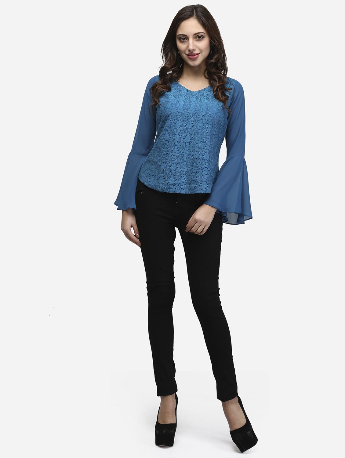 women blue solid bell sleeve lace top - 22068804 - Standard Image - 5