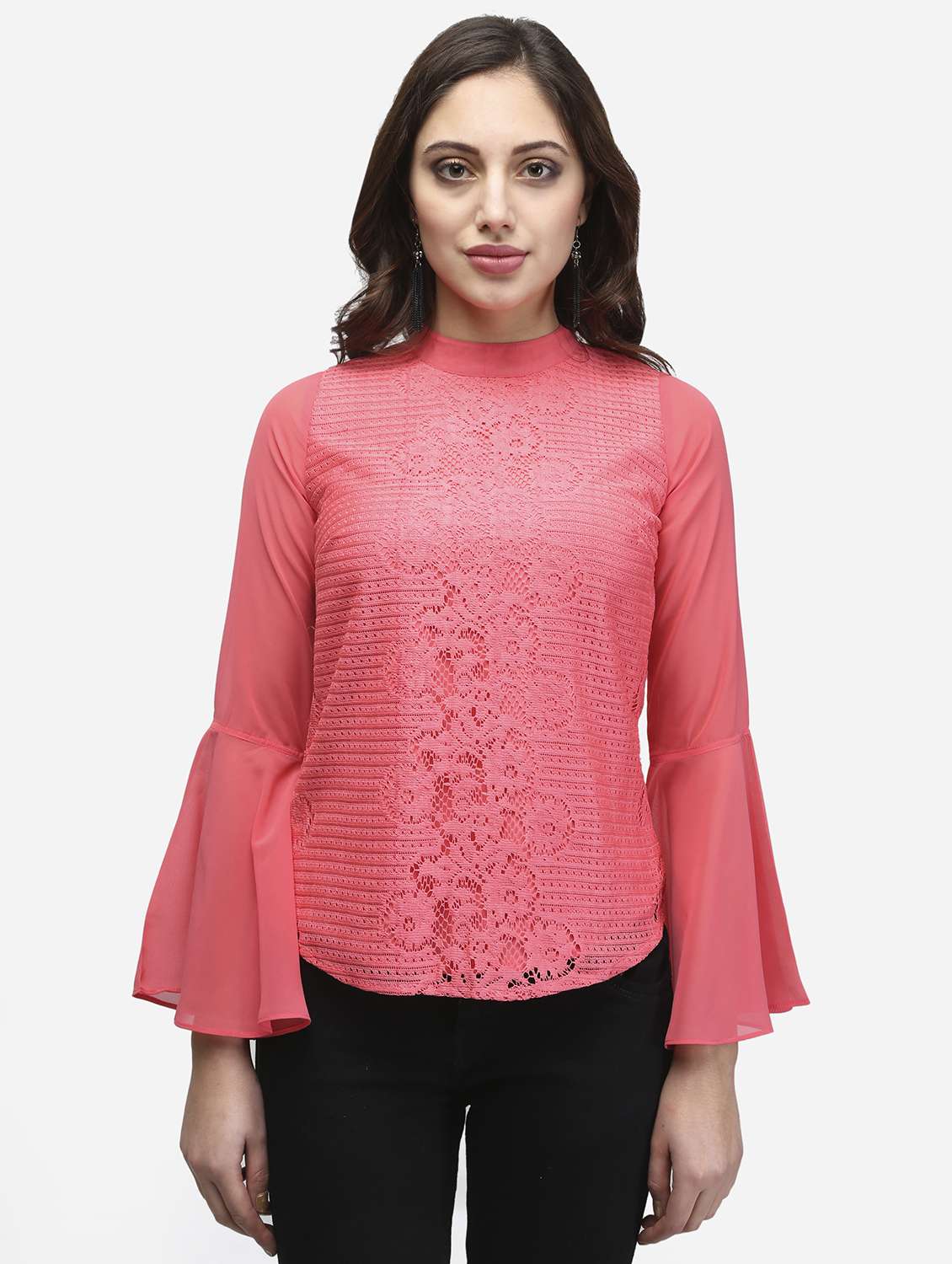 women peach solid bell sleeve lace top - 22068805 - Zoom Image - 0